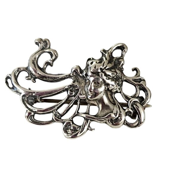 Sterling Silver Art Nouveau Mucha Style Lady Brooch Pin Pendant L161 - Picture 1 of 8